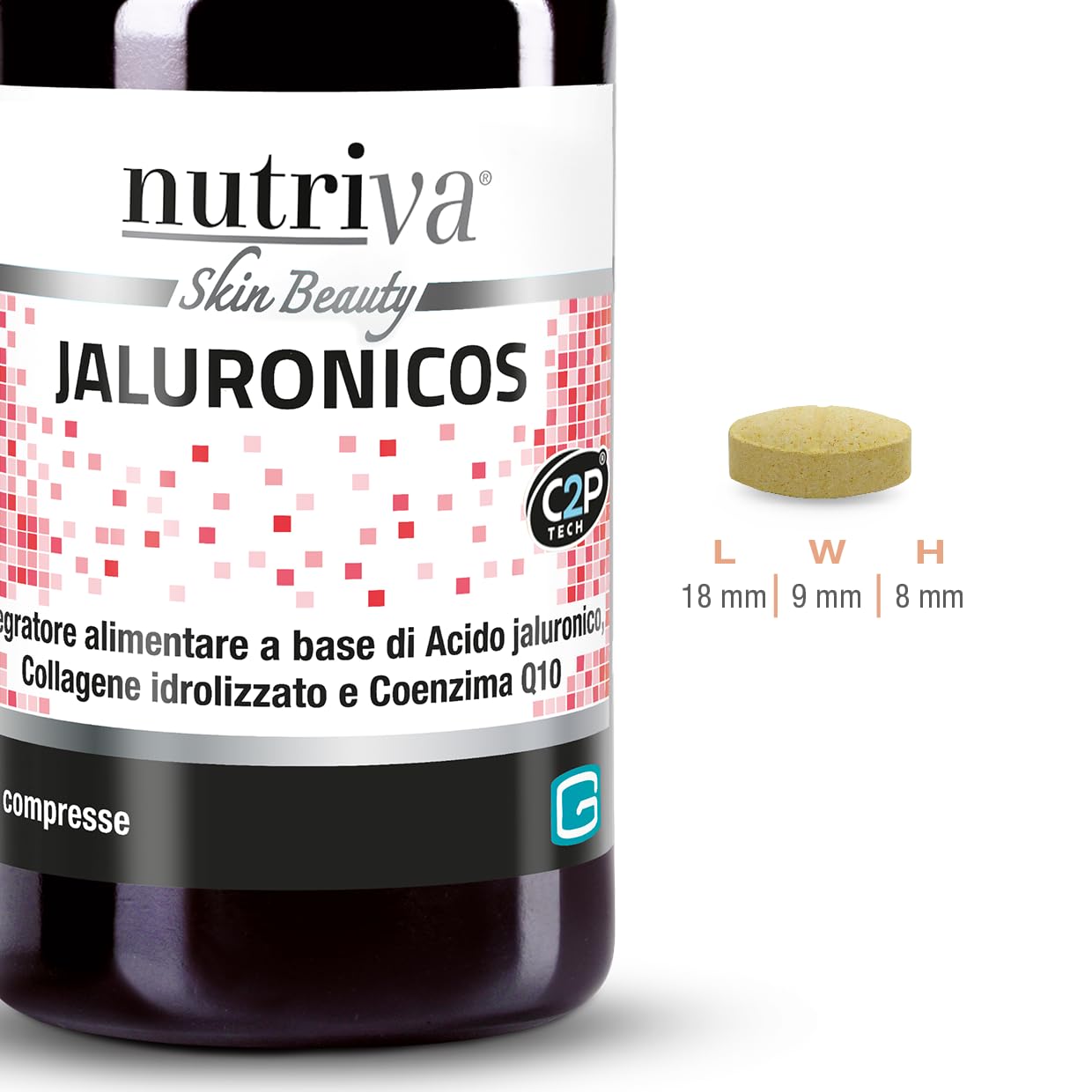 NUTRIVA Jaluronicos, Integratore Alimentare a Base di Acido Jaluronico, Collagene di Tipo II e Coenzima Q10, Ideale per il Benessere della Pelle, Contrasta l'Invecchiamento Cutaneo - 30 Compresse