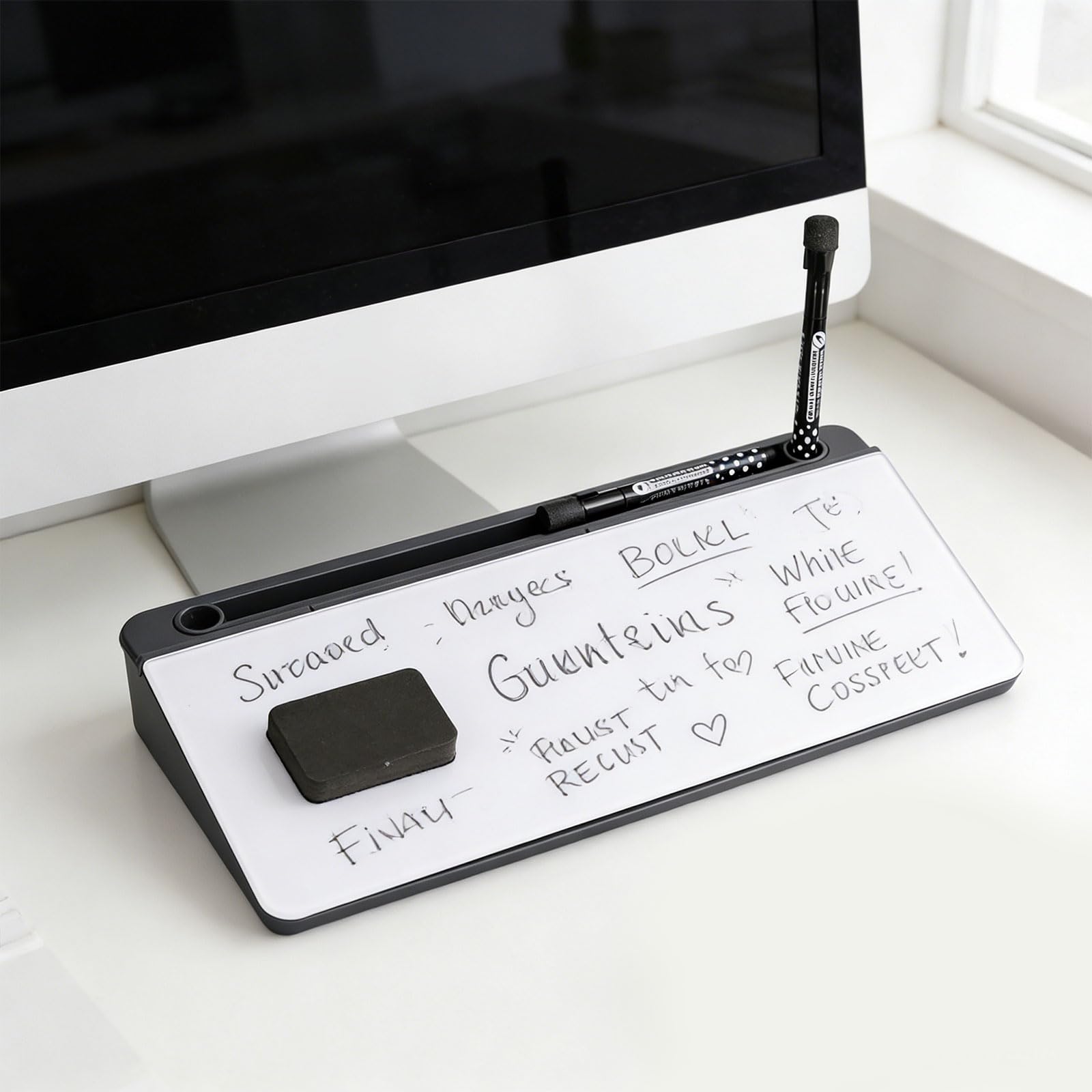Lavagna per appunti da scrivania per ufficio con vassoio per accessori integrato e porta ricarica, in plastica ABS, portatile, leggero, cancellabile, larghezza 16, 5 cm
