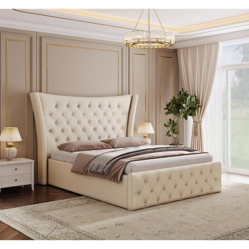 HITHOS Furniture Modern Upholstered King Size Bed with Box Storage Solid Wood Double Bed Cot Bed Palang for Living Room Home Bedroom (Beige) 1-image-18