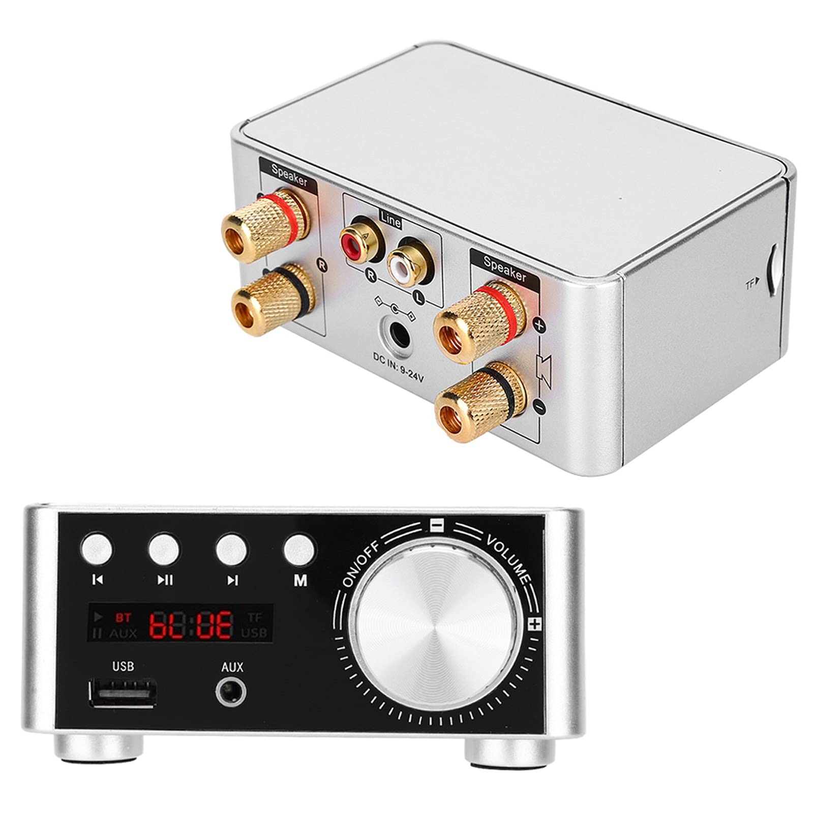FTVOGUE Placa Amplificadora de Audio Bluetooth 5,0, Canal Dual de 50W, Sonido Hi-Fi para Cine en Casa y Estudio de Música, Compatible con Tarjeta de Memoria (Silver)