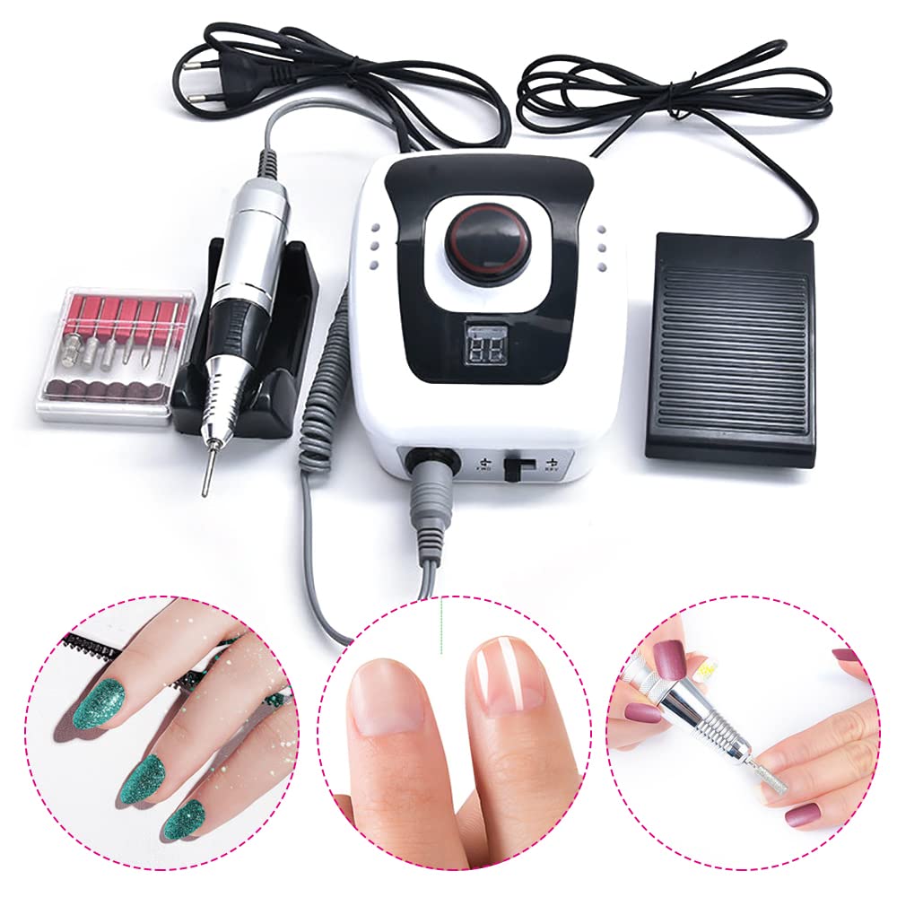 Professionelle Nagelfräser, Nagelfeile Elektrisch 35000 U/min, Elektrische Nagelfeile mit Fußpedal für Maniküre und Pediküre, Inkl. Bohrerset