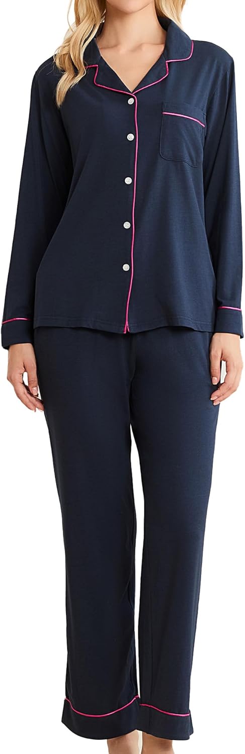 LYCY Womens Soft Pajama Set Long Sleeve with Pockets Button Up Sleepwear Lounge Pjs 2-Piece
