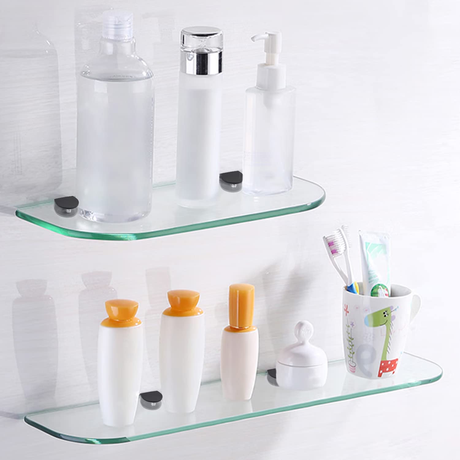 0XBIT Support Etagere Verre, 4 Pièces Pince Verre Avec Accessoires De Montage, Design Moderne Fixation Miroir Mural, Peut Accueillir Jusqu'à 6 Mm