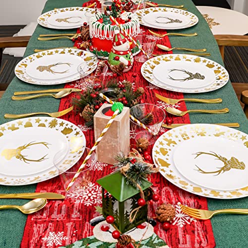 Isfangco 60Pcs Christmas Plastic Plate Sets, White And Gold Plates 30 Pieces Of 10.25" Disposable Dinner Plates, 30 Pieces Of 7.5" Plastic Dessert Plates For Christmas Party And New Year Party #TOP6