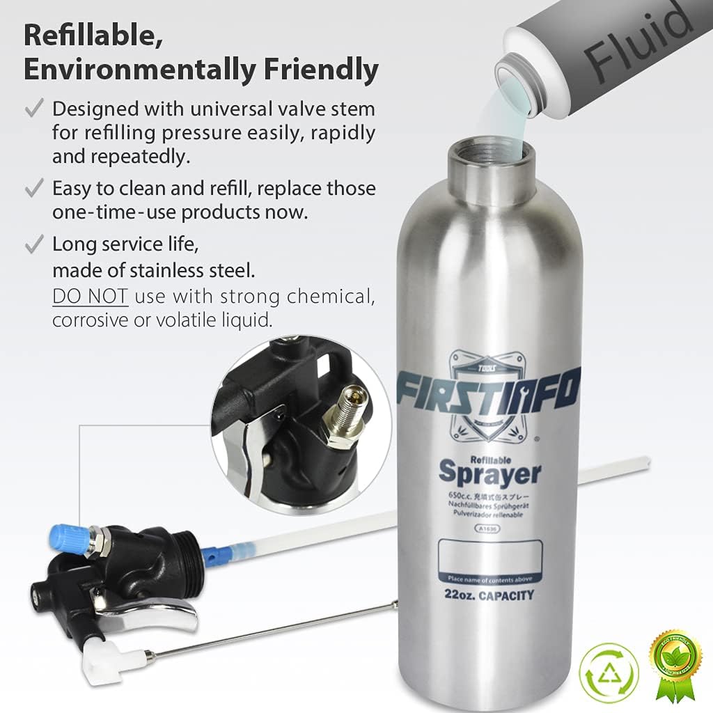 FIRSTINFO Upgraded Aerosol Refillable Spray Can, Stainless Steel Pneumatic Manual Compressed Air Fluid Refillable Bottle 2-Way Nozzle with Jet Straight Stream and Wide Mist Spray : Automotive