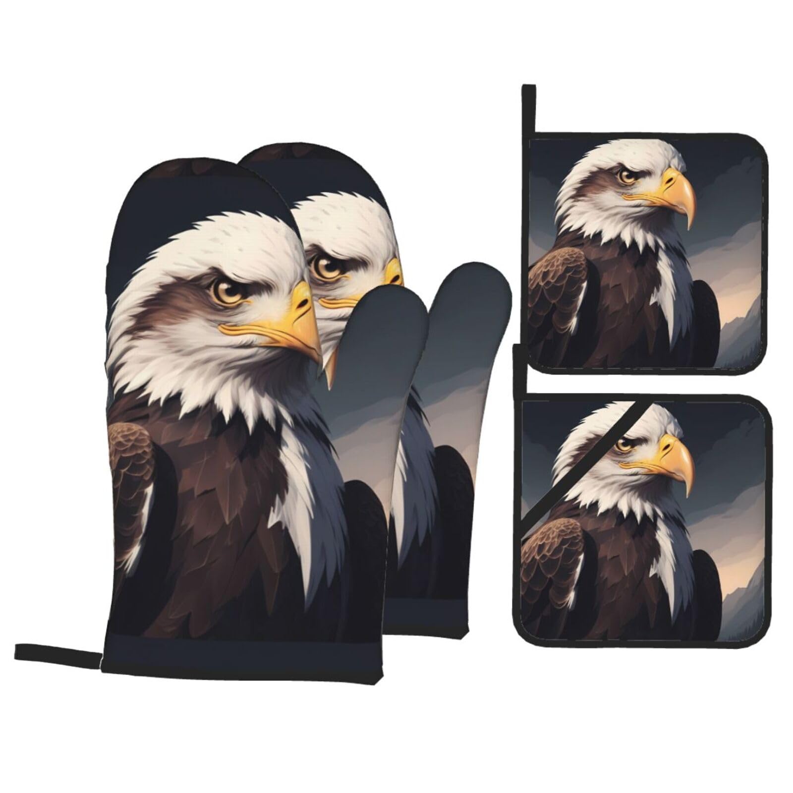 HJFCZH The Majestic Eagle Picture Kitchen Baking Set of 4 Thick Insulated Oven Mitt & Pot Holders, Anti-Scalding for Microwave, Oven, Outdoor BBQ