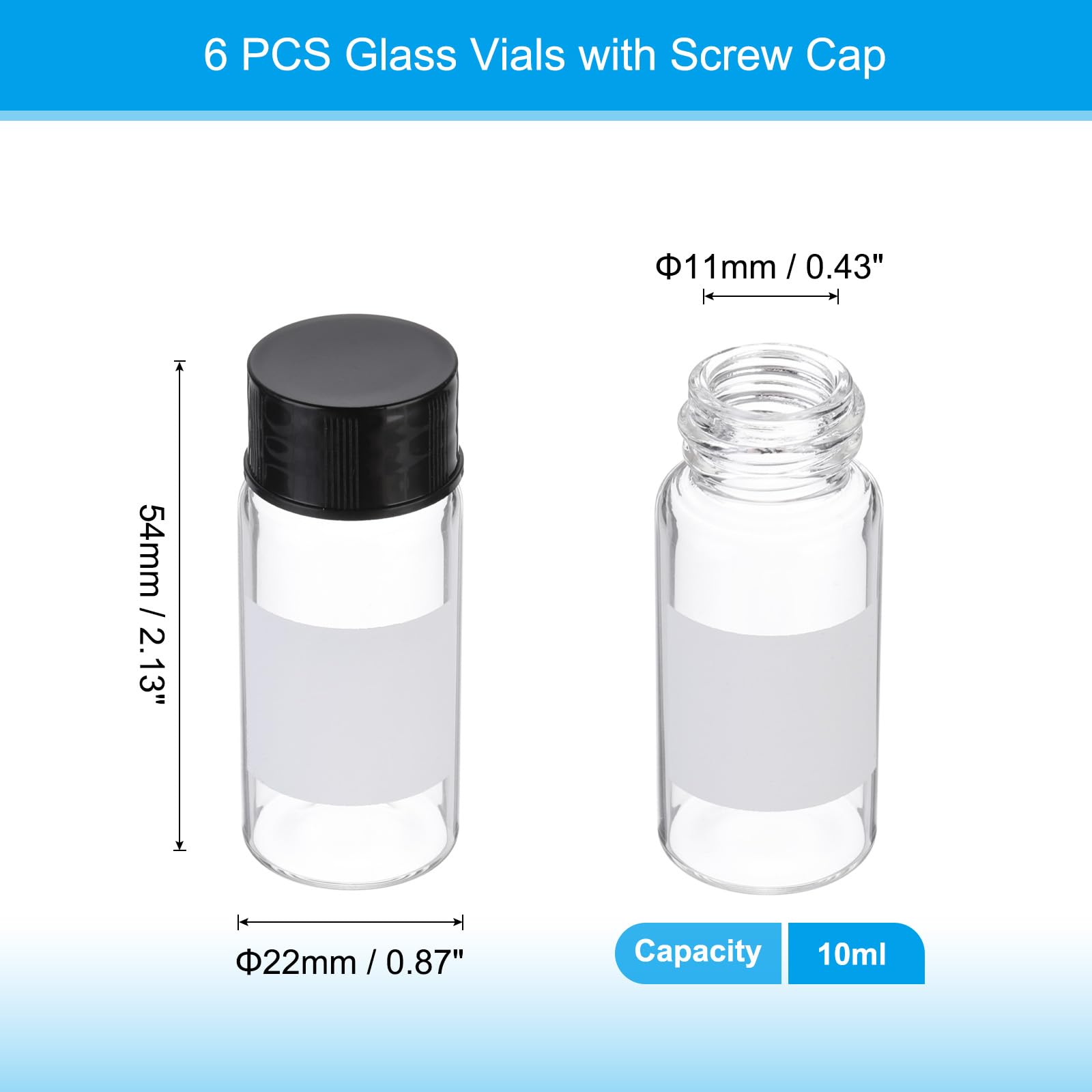 PATIKIL 6pcs 10ml Small Clear Glass Vials with Black Screw Cap, Borosilicate Glass Sample Bottles with Writing Label for Solid Liquid Powder Storage