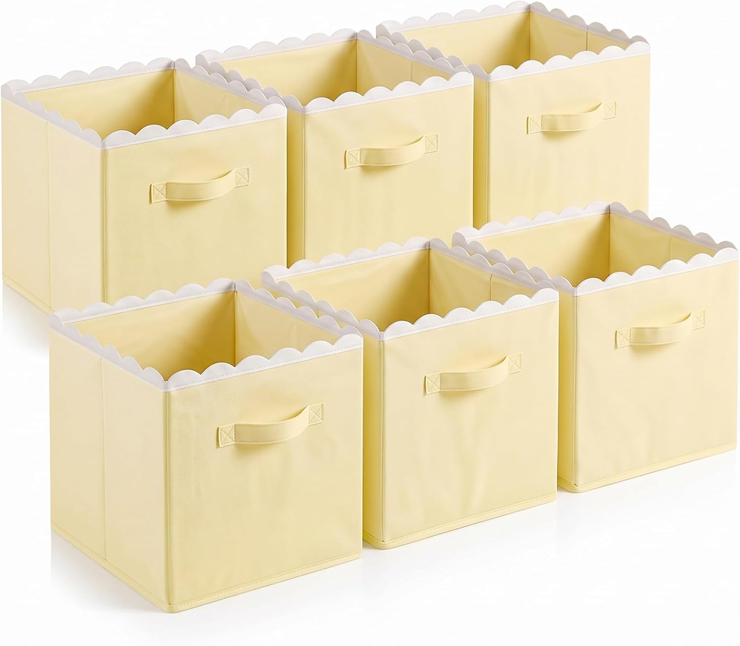 Yalikop 6 Pcs Light Yellow Scalloped Cube Storage Bins 11 Inch Fabric Storage Basket with Handle Collapsible Clothes Closet Organizer Bin for Classroom Books Toy Box Nursery School Organizing