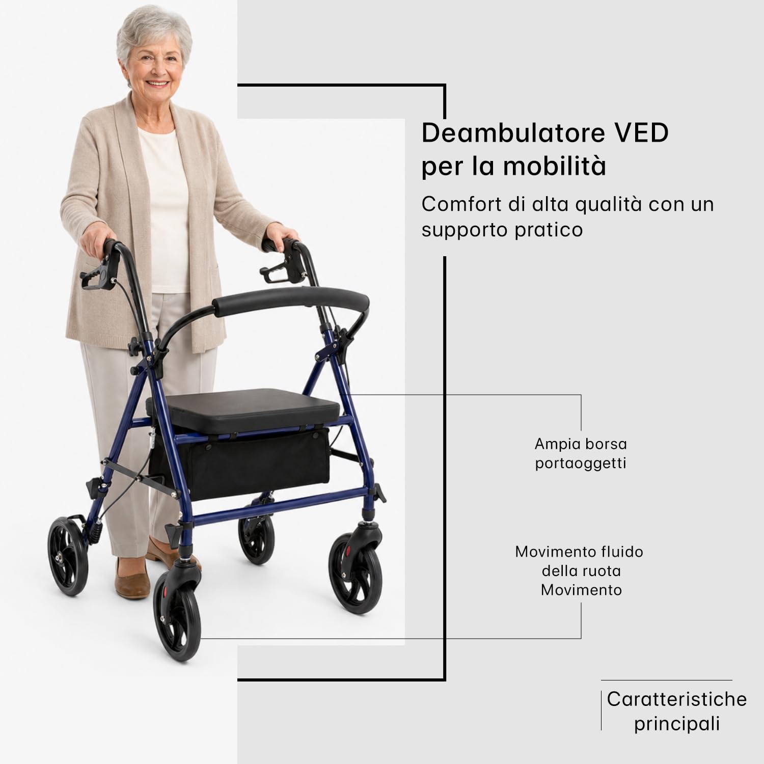 Deambulatore pieghevole leggero con sedile, 4 ruote, freni e borsa portaoggetti – Ausilio per la mobilità per anziani e adulti – Altezza regolabile, compatto e portatile