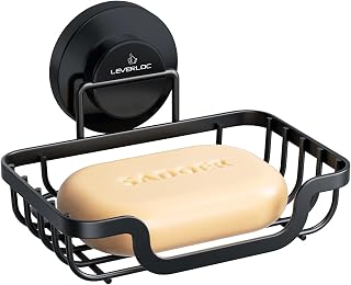 LEVERLOC Suction Cup Soap Dish for Shower - No-Drill Stainless Steel Bar Holder, Rustproof Quick-Dry, Removable Black