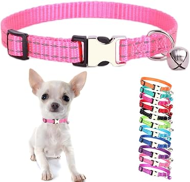 Pink Puppy Collar with Bell, Reflective Nylon XS Cat XXS Dog Collars XSmall