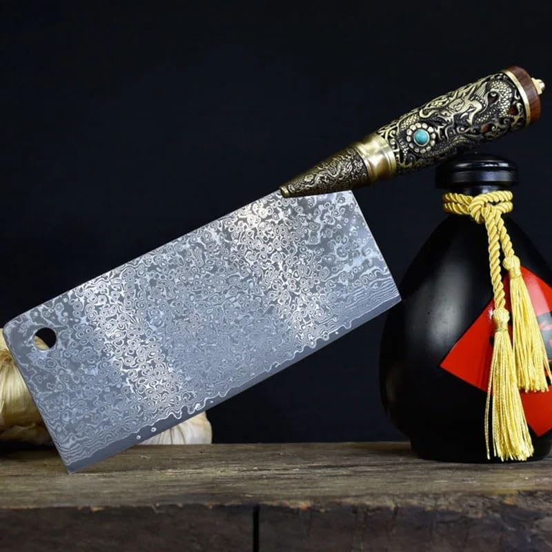 Meat Cleaver,Cleaver Knife 7.5 Inch Damascus Knife 67 Layers VG10 Steel Slicing Cleaver Handmade Longquan Kitchen Knife Copper Dragon Decor Handle