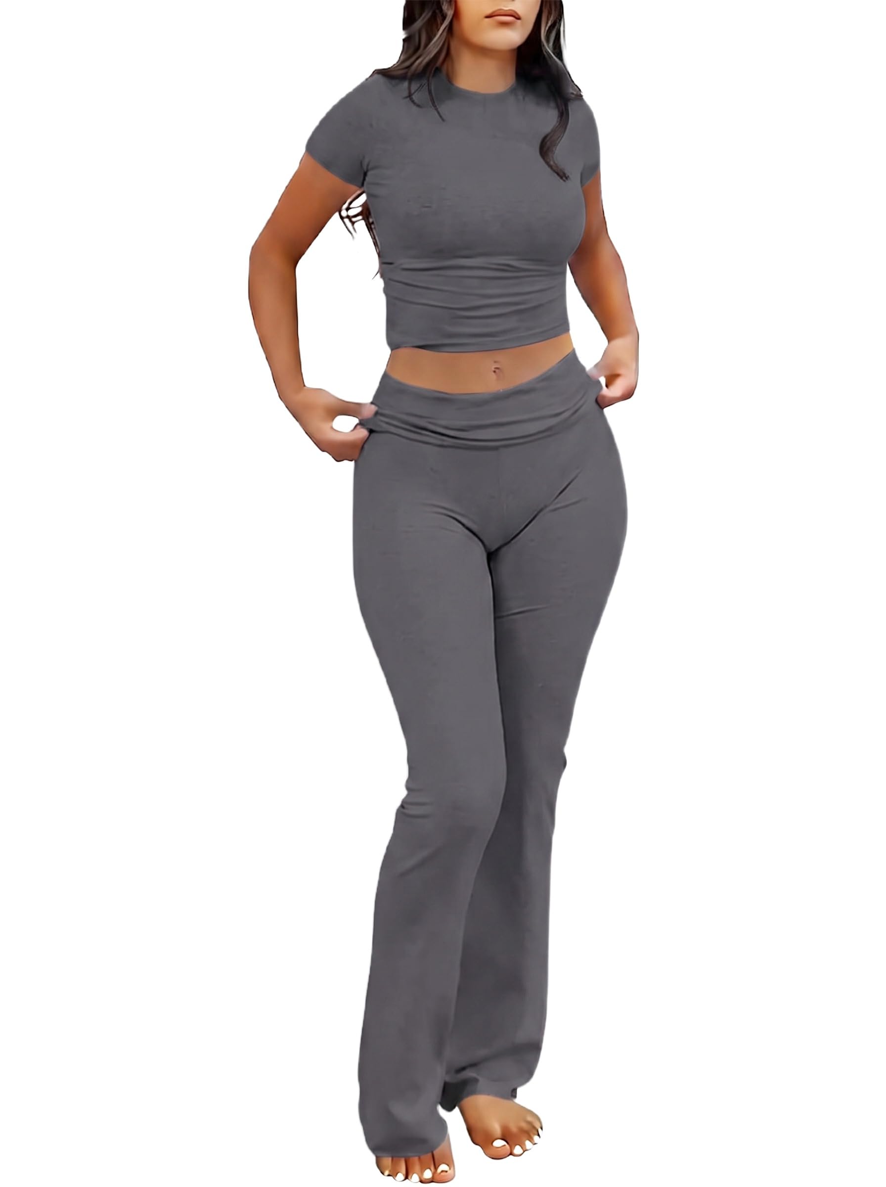 IWOLLENCE Lounge Set Damen Zweiteiler Hausanzug Kurzarm Oberteil mit Breitem Elastischem Hosenbund Schlaghose Loungewear Set