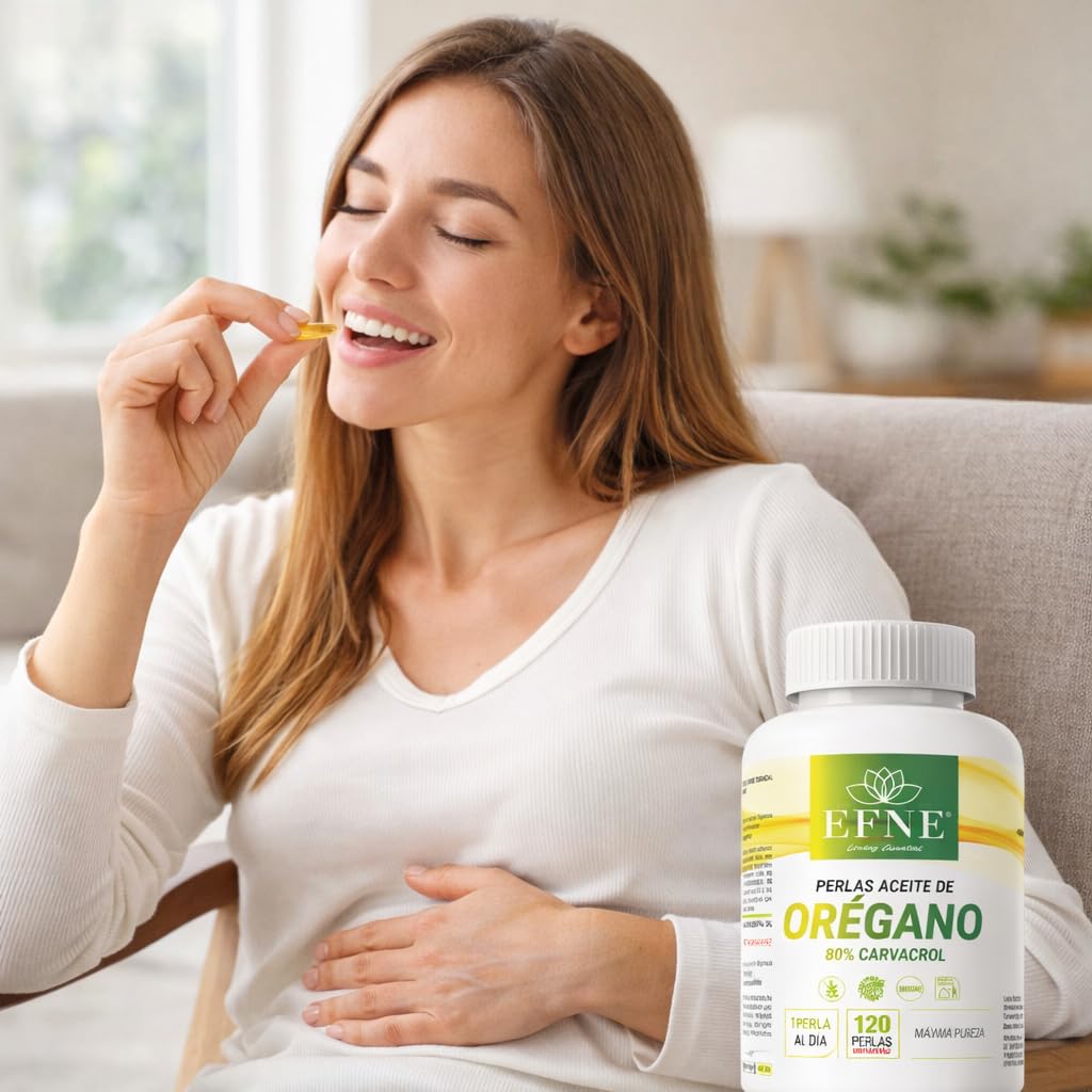 EFNE – Aceite de Orégano Premium 80% Carvacrol + 3% Timol en Perlas (120 perlas) – Con Aceite de Oliva Virgen Extra - 4 Meses suministro - 650mg por capsula en total