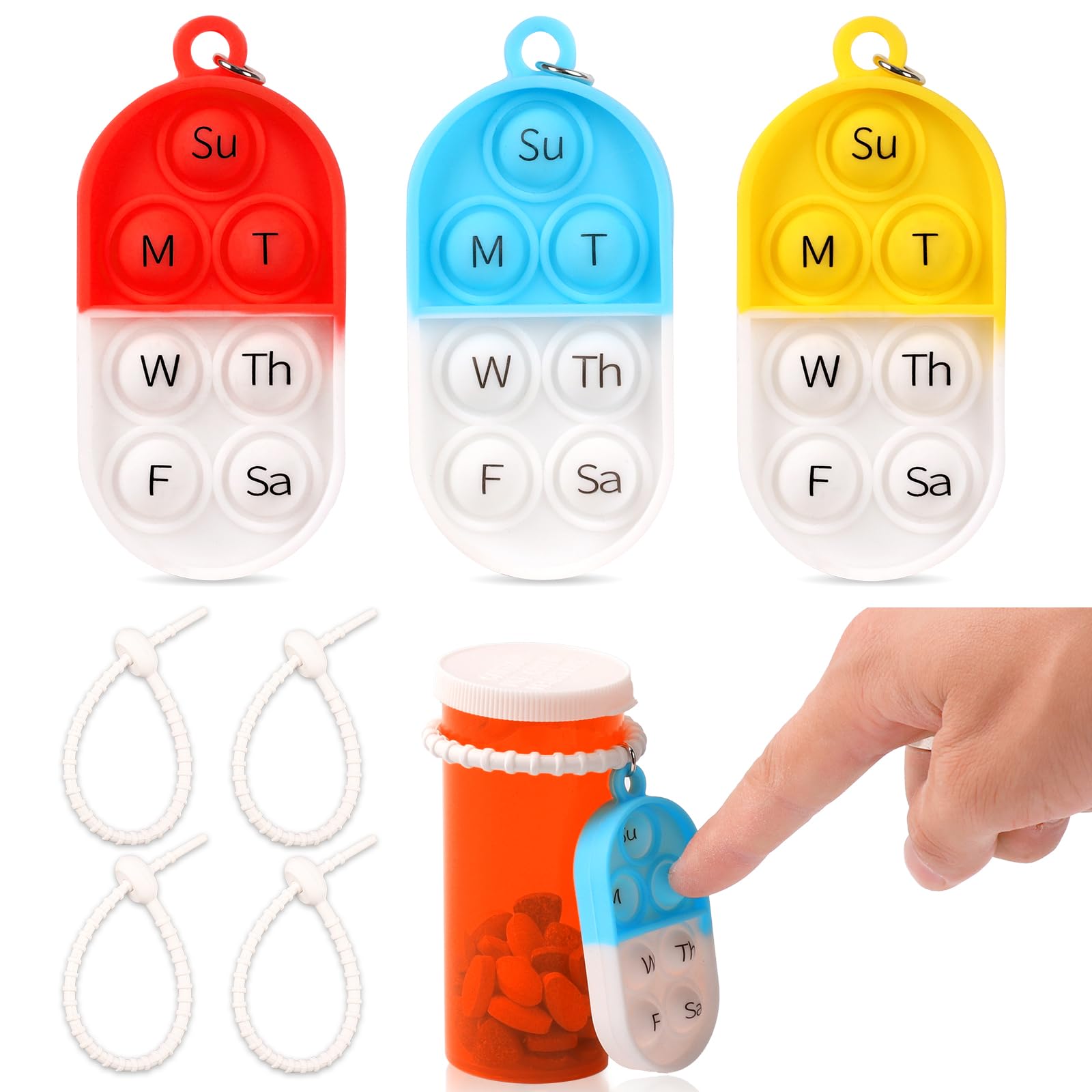 3 Pack Pill Reminder Medication Pill Tracker Bottle with Ties Reusable Daily Medication Tracker Portable with Button 7 Day Memory Aid Medication Dose