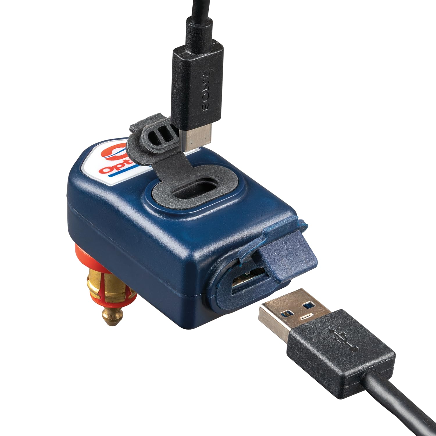 Optimate O-114 Caricatore, 3300 mA, doppia uscita, resistente alle intemperie, USB-A e C, con spina per bici