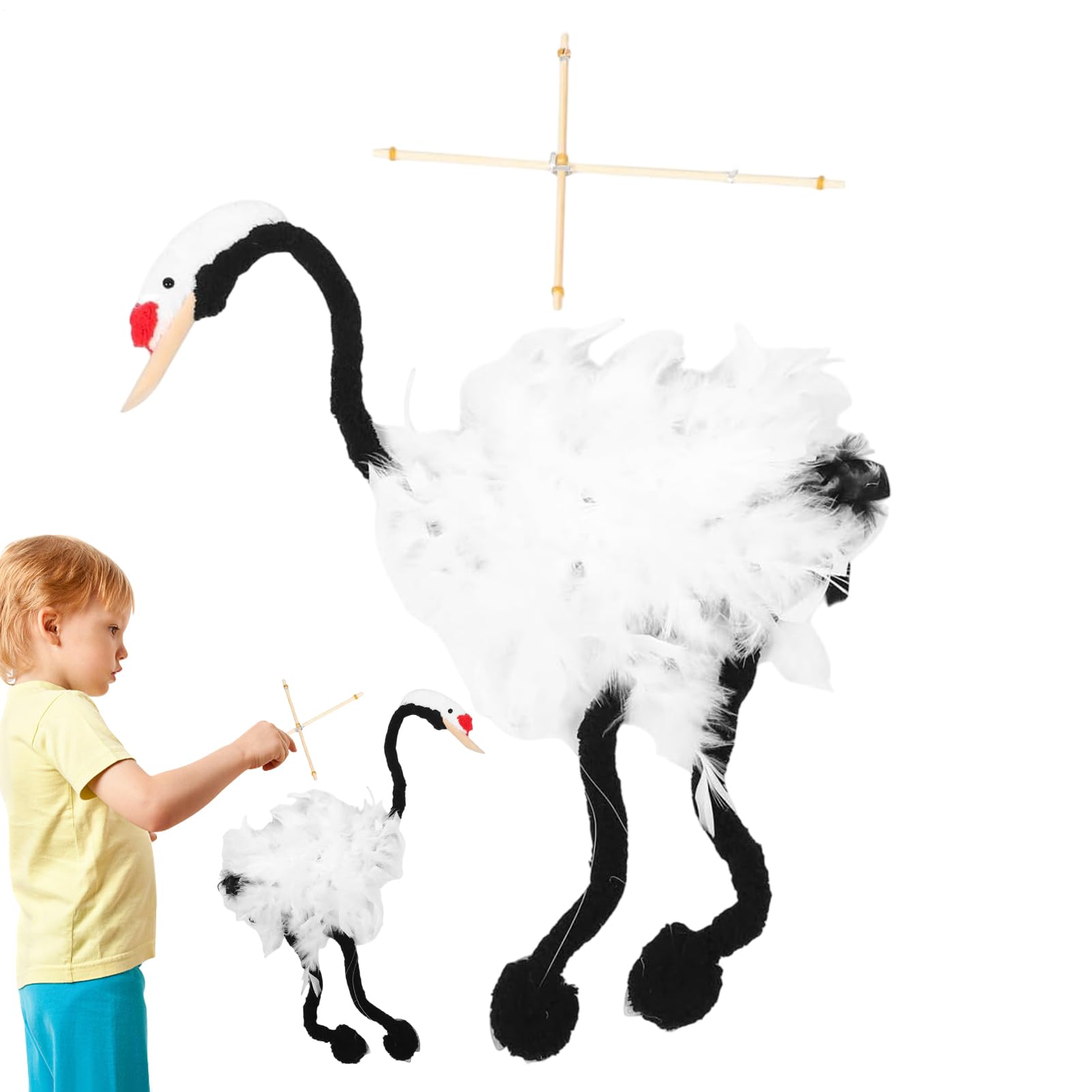 Crane Puppet - Handmade Soft Rope Doll, Wooden Plush Crane Toy 17.72" x 19.29" Interactive Educational Puppet for Creative Play, Storytelling