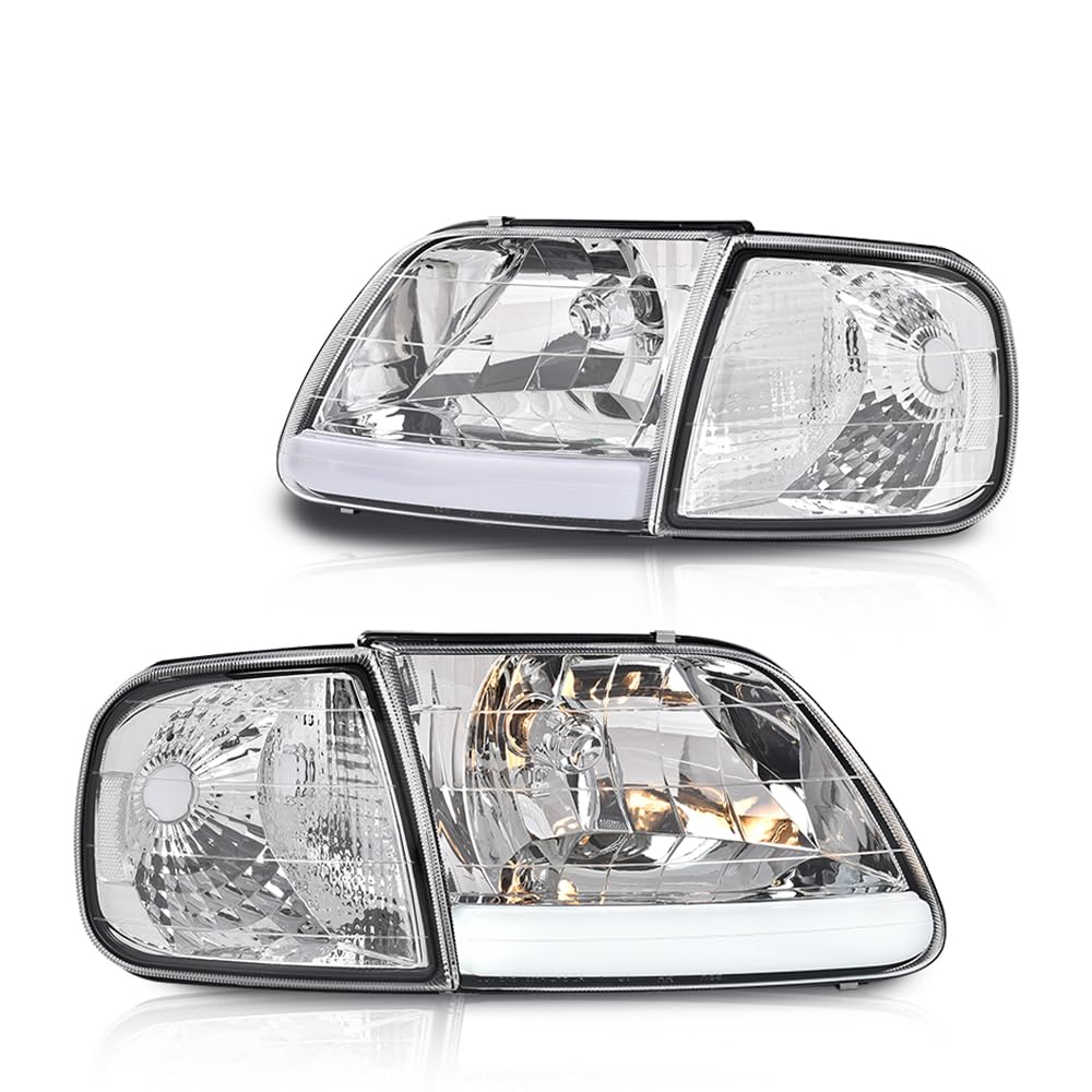 GRAND ORANGE LED Style Headlights Assembly &amp; Corner Parking Lights Kit Set Compatible with 1997-2002 Ford Expedition/1998-2004 Ford F150/1997-1999 F250 Clear Lens Chrome Housing Clear Reflector