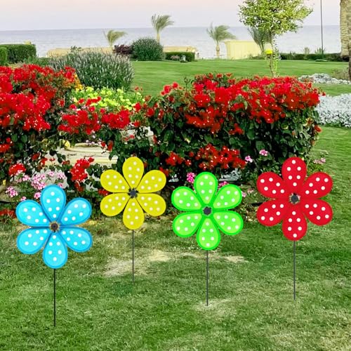 MuuXii Windmill, 4PCS Garden Wheel Spinner, DIY Pinwheel, 10.2inch Pin Wheel, 4-Color Point Fabric Windmill Wheel, Colorful Whirligigs Windmill, Outdoor Courtyard, Lawn, Decoration Wind Spinner
