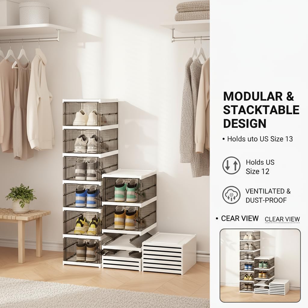 Shoe Storage Organizer Box 6-Tier Foldable Collapsible Stackable Shoe Rack Bins, Fit Size 12, No Assembly, for Men and Women (Transparent gray)