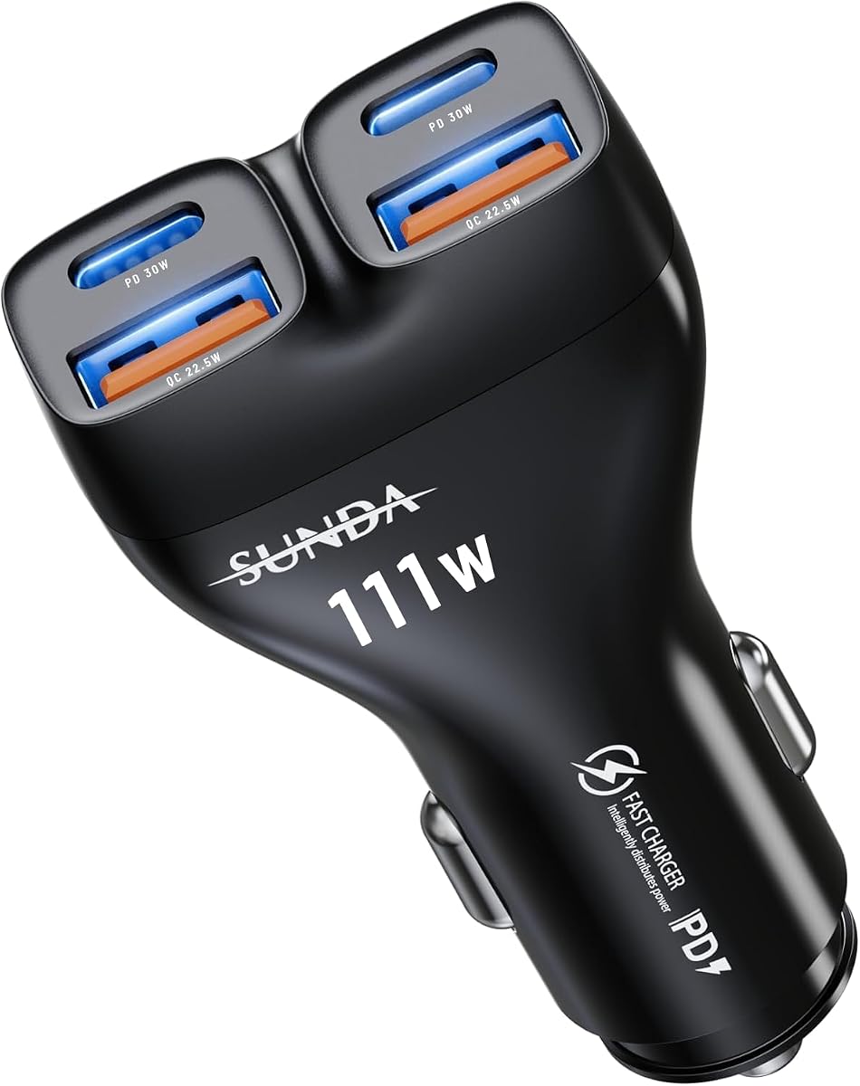 Cargador de teléfono para automóvil 111W USB-C, salida independiente de 4 puertos PD3.1 30W/QC22.5W Cargador de automóvil súper rápido, USB-C dual y USB-A dual Cargador rápido para encendedor de cigarrillos para iPhone/Samsung Ultra/iPad/MacBook Air