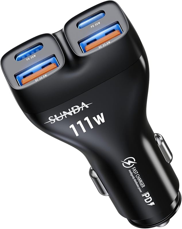 Cargador de teléfono para automóvil 111W USB-C, salida independiente de 4 puertos PD3.1 30W/QC22.5W Cargador de automóvil súper rápido, USB-C dual y USB-A dual Cargador rápido para encendedor de cigarrillos para iPhone/Samsung Ultra/iPad/MacBook Air