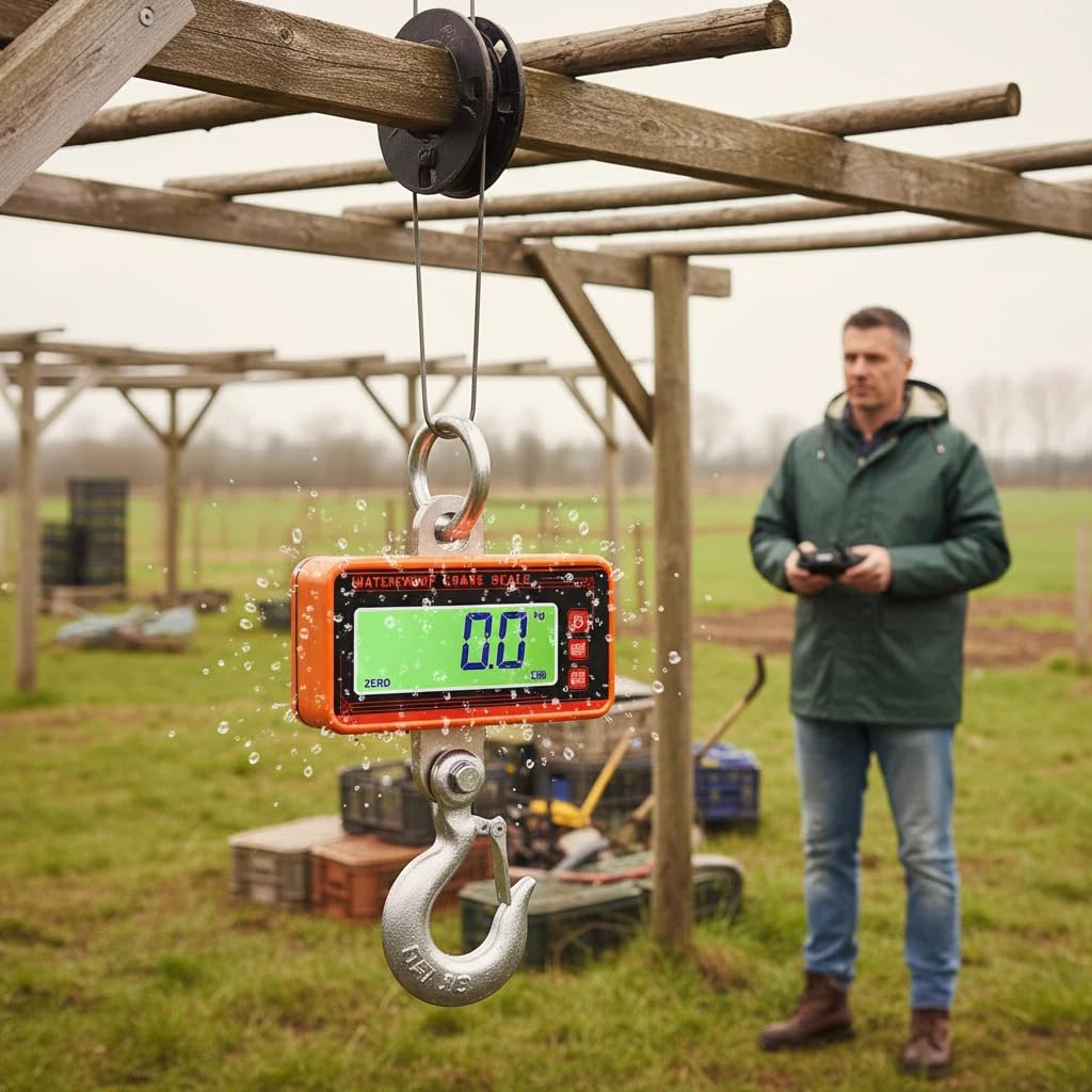 Waterproof Crane Scale, Digital Hanging Scale & Hook Scale, Heavy Duty Industrial with LCD Display for Farms, Hunting, Fishing, Livestock - Rechargeable, Cast Aluminum Case (Kilograms, 500)