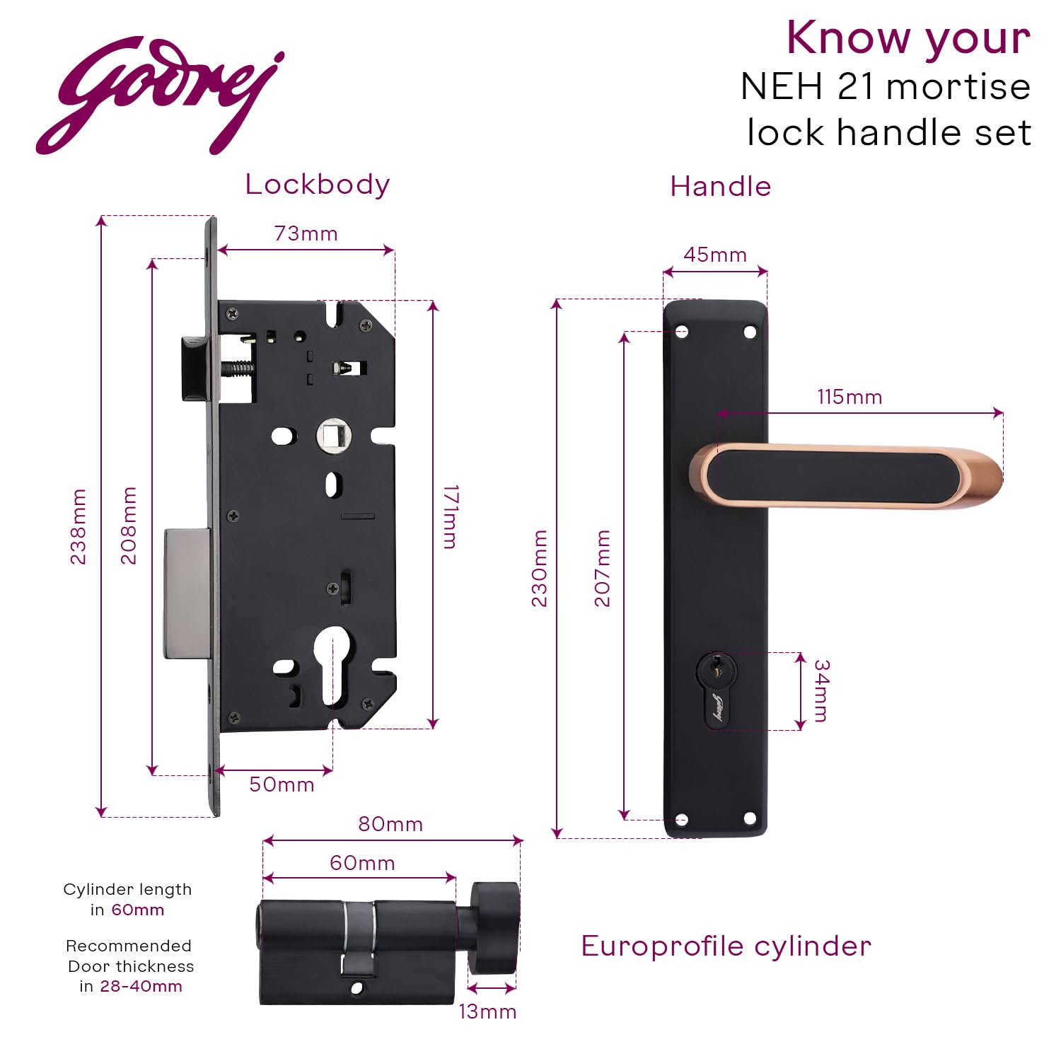 Godrej Mortise Lock|Handle Lock Set for Main & Internal Doors of Home & Office|NEH 21|Antique Brass Finish|10 Inch Lock Body | 60mm Cylinder, Outside Key & Inside Knob Operation|3 Keys|1Year Warranty — Amazon image 6