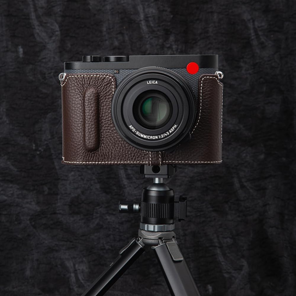 Q3 Vintage Genuine Leather Camera Case Handcrafted Half-Wrap Camera Protector Cover Bag For Leica Q3 (Mocha-white line)
