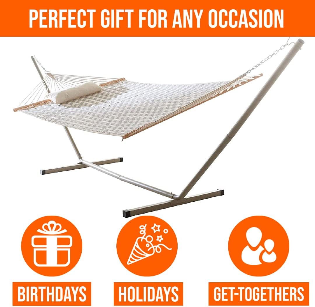 Castaway Living Large 2-Person Quilted Hammock with Stand & Pillow – Chevron, 10 ft. L x 52 in. W, 350 lb Capacity, Weather-Resistant Polyester, Portable Space-Saving Frame