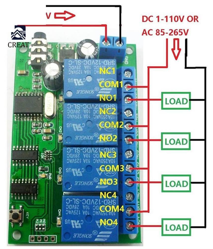AD22B04 4 Channel Relay MT8870 DTMF Tone Signal Decoder Control Relay Module 12V DC for PLC Smart Home with 3.5mm Cable