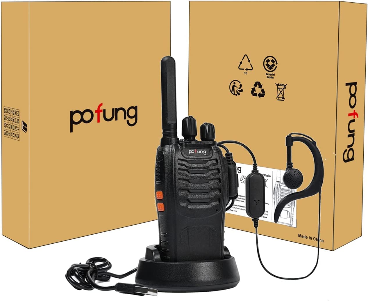 Walkie Talkie PMR446 lizenzfreies Zwei-Wege-Funkgerät, pofung PT88E 16 Kanäle Professionelle wiederaufladbare Walkie Talkies mit großer Reichweite mit USB-Ladestation und Hörmuscheln Schwarz 12 Stück