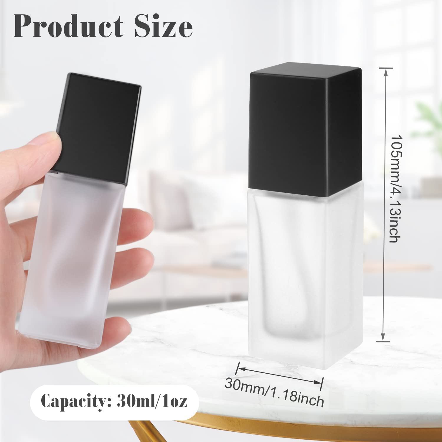 6 Pieces 30ml/1oz Frosted Glass Foundation Bottles Square Lotion Dispenser Container Empty Cosmetic Samples Vials with Press Pump&Black Cover for Liquid Foundation Essence Cream Toiletry Travel