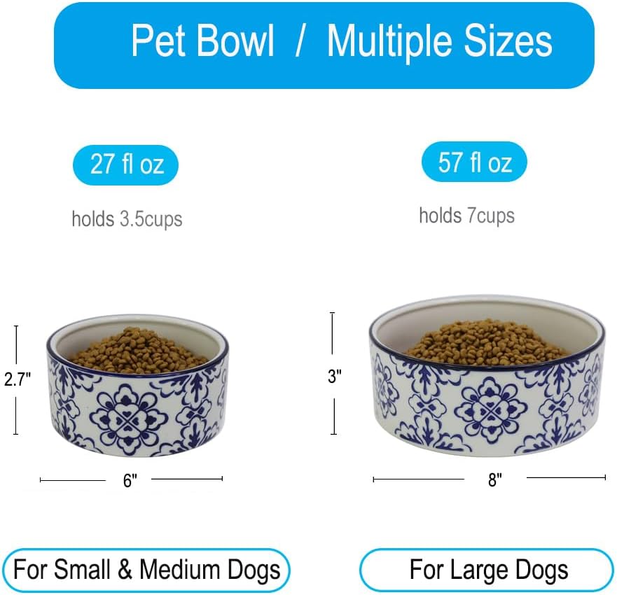 Vintage Blue & White Ceramic Large Dog Bowl - 8'' Dog Food Water Bowl for Medium and Large Dogs Breed, Heavy Duty Non-Slip Dish, Modern Pet Feeder Bowl, Dishwasher Safe-57 fl OZ