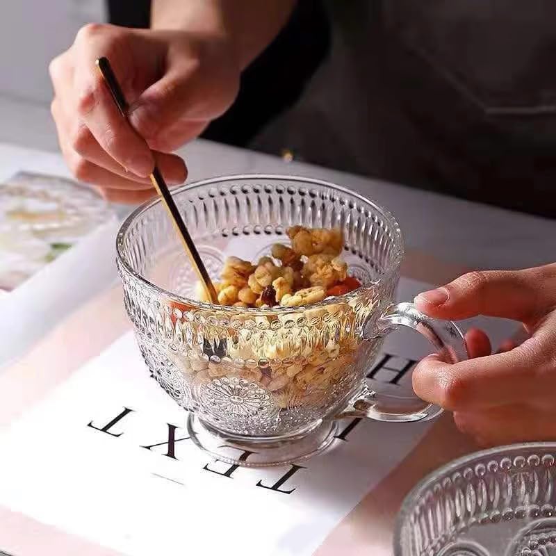 XGOPTS 400ml Glass Mug With Handle Tea Glass Cups Vintage Embossed - View #3