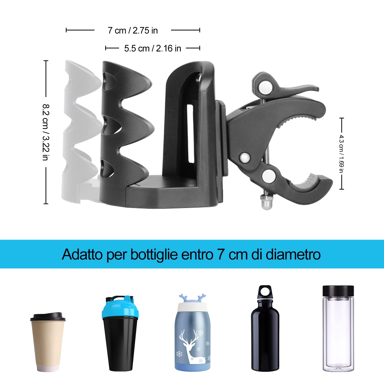 supregear Portabicchieri per Passeggino, Universale Rotazione a 360 Gradi portabicchiere passeggino, Elevata stabilità Porta Borraccia per Bici, Passeggini, Sedie a Rotelle, Moto, Nero