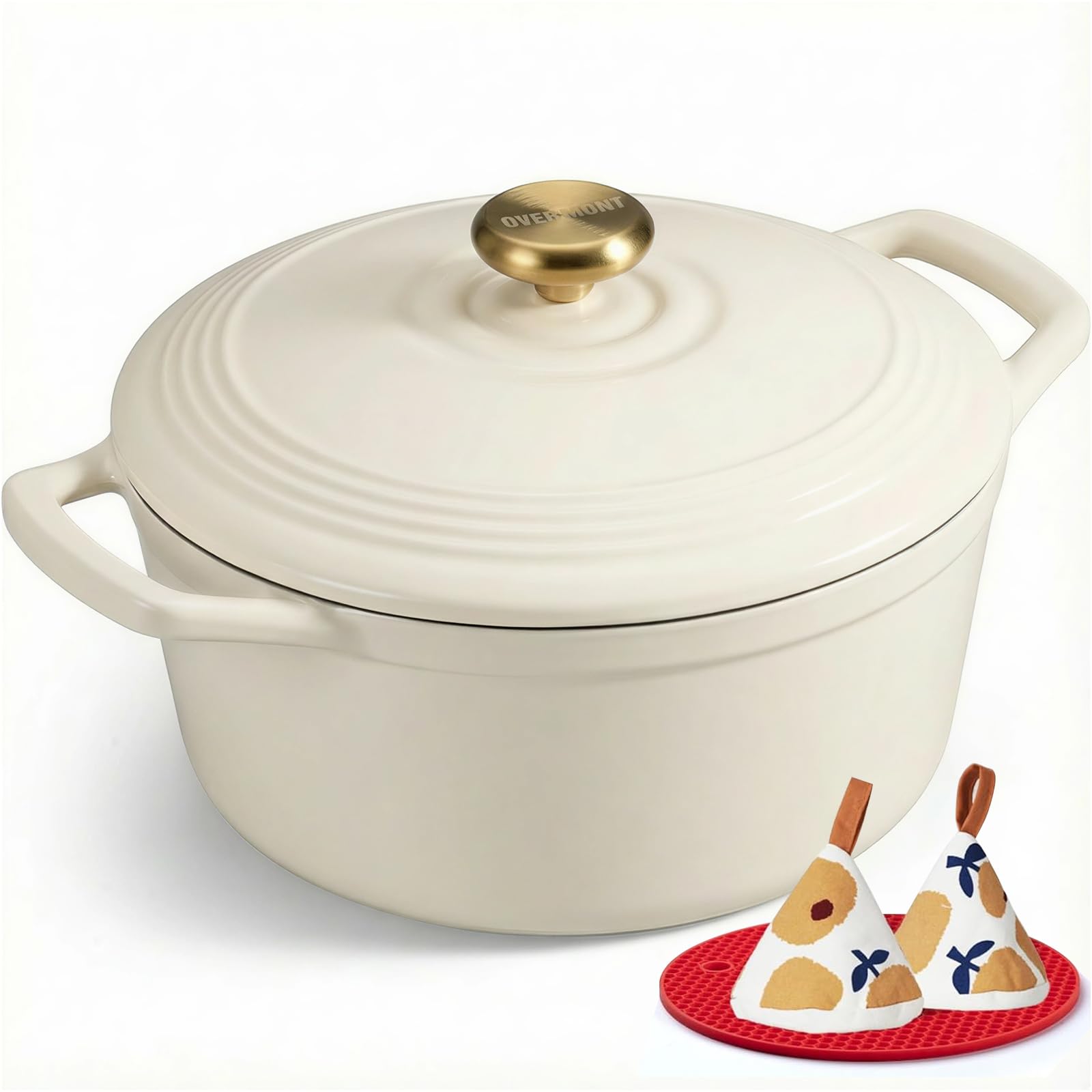 Overmont Enameled Cast Iron Dutch Oven 5.5-quart with cookbook and cotton potholders
