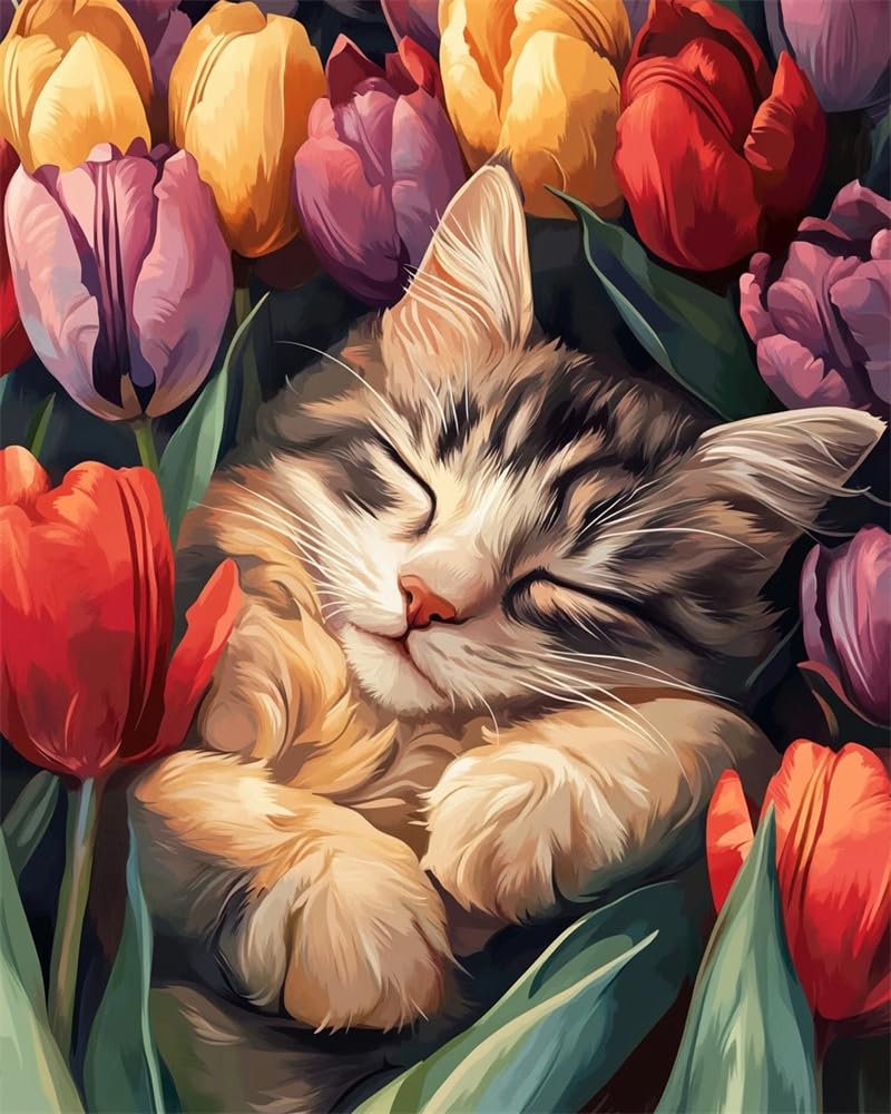 Henypt Bead Embroidery Cross Stitch Kit Cat and Tulips –9Ct DIY Craft Set with Beads, Pre-Printed Fabric & Needle, Handmade Embroidery Kit for Adults, Beginners & Home Décor