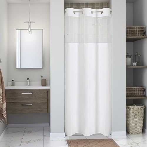 Miniatura 26 de Cortina extralarga de ducha de lino texturizado y forro de tela a presión, no necesita ganchos, de lujo, impermeable y lavable, 71 pulgadas de ancho