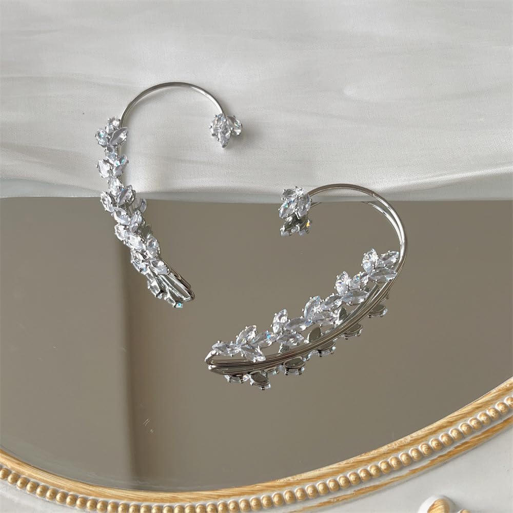 2PCS Glitter Crystal Wheat Ear Cuffs Earrings Vintage Leaf Cartilage Ear Wrap Fairy Non-Pierced Fake Earrings Prom Party Accessories for Women Girls
