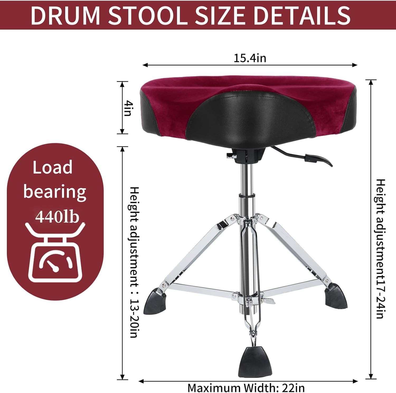 AKLOT Saddle Drum Throne, Hydraulic Drum Throne, Heavy Duty Drum Seat, Height Adjustable Suede Drum Chair, Motorcycle Style Drum Stool for Adults Drummers Dark Red Brown