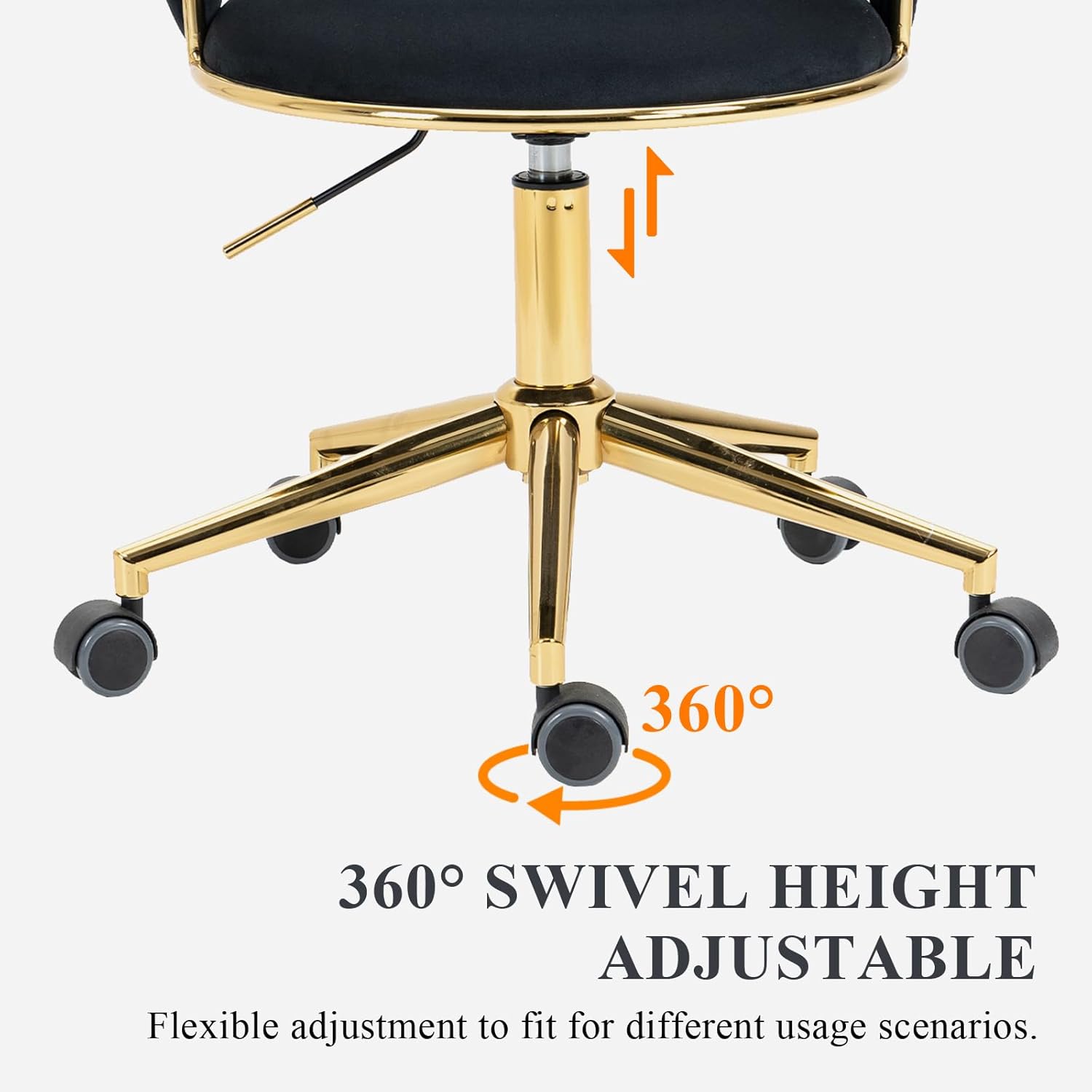 Home Office Chair with Hand Woven, Velvet Upholstered Desk Chair with Open Back, 360° Swivel & Height Adjustable Task Chair, Ergonomic Office Chair with Gold Base (Black)