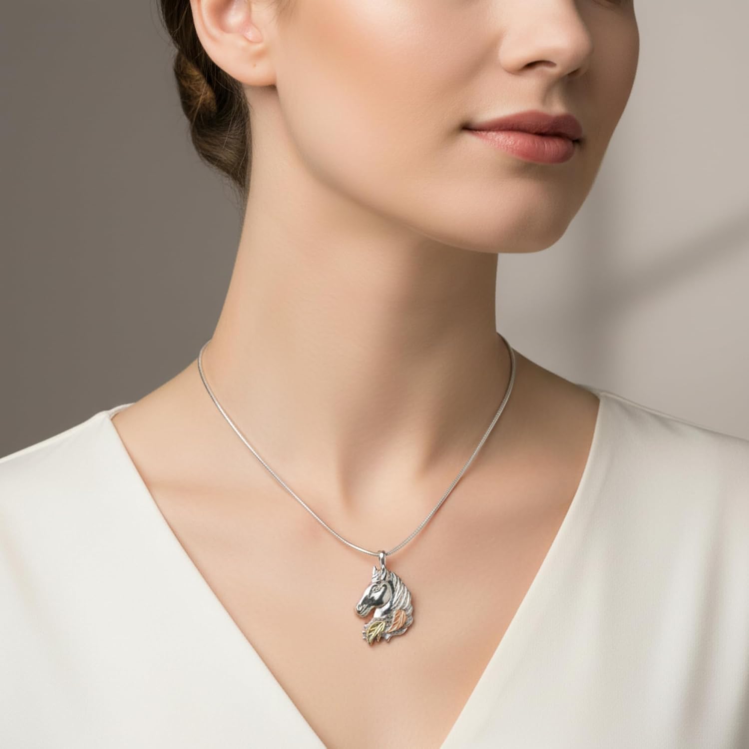 Horse Head Pendant Necklace in Sterling Silver with 12k Green & Rose Gold Black Hills Gold Leaves, 20 Inch Snake Chain with Lobster Clasp, Western Equestrian Jewelry for Women, Gift Box Included