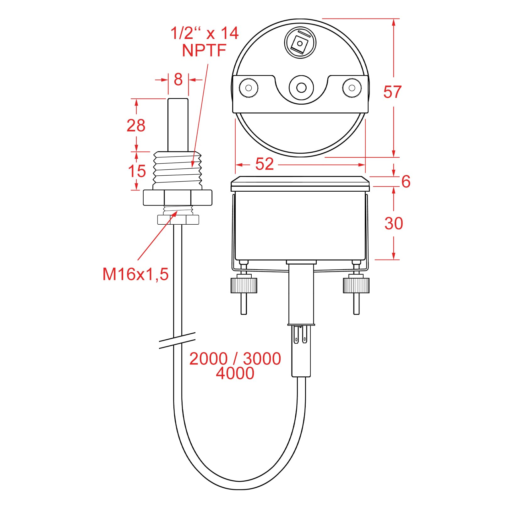 Temperaturanzeige Fernthermometer für Traktor Schlepper mechanisch 52mm - 3000mm, 2 Adapter
