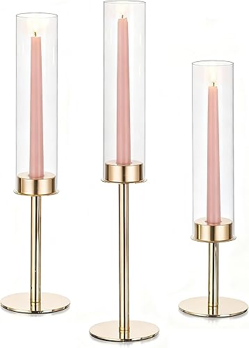Glasseam Hurricane Gold Candle Holders: Set of 3 Brass Candlestick Holders for Taper Candles Modern Taper Candle Holder with Glass Clear Cylinder