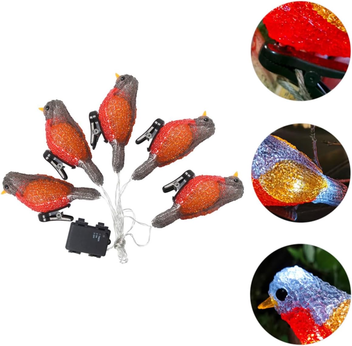 Waterproof Acrylic Bird LED Outdoor String Lights with Clips, Red Yellow Landscape Decorative Lighting for Garden Pathway, Battery Box Included (5pcs, No Batteries)