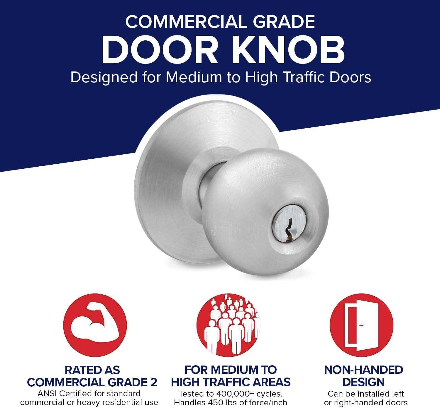 Door Knob Cylindrical Lock Entrance Function Keyed Entry & Lock Satin Stainless Steel Finish LH5304OB -US32D UL Certified ANSI/BHMA Grade 2 Commercial Door Knob for Heavy Duty Use Embassy Series