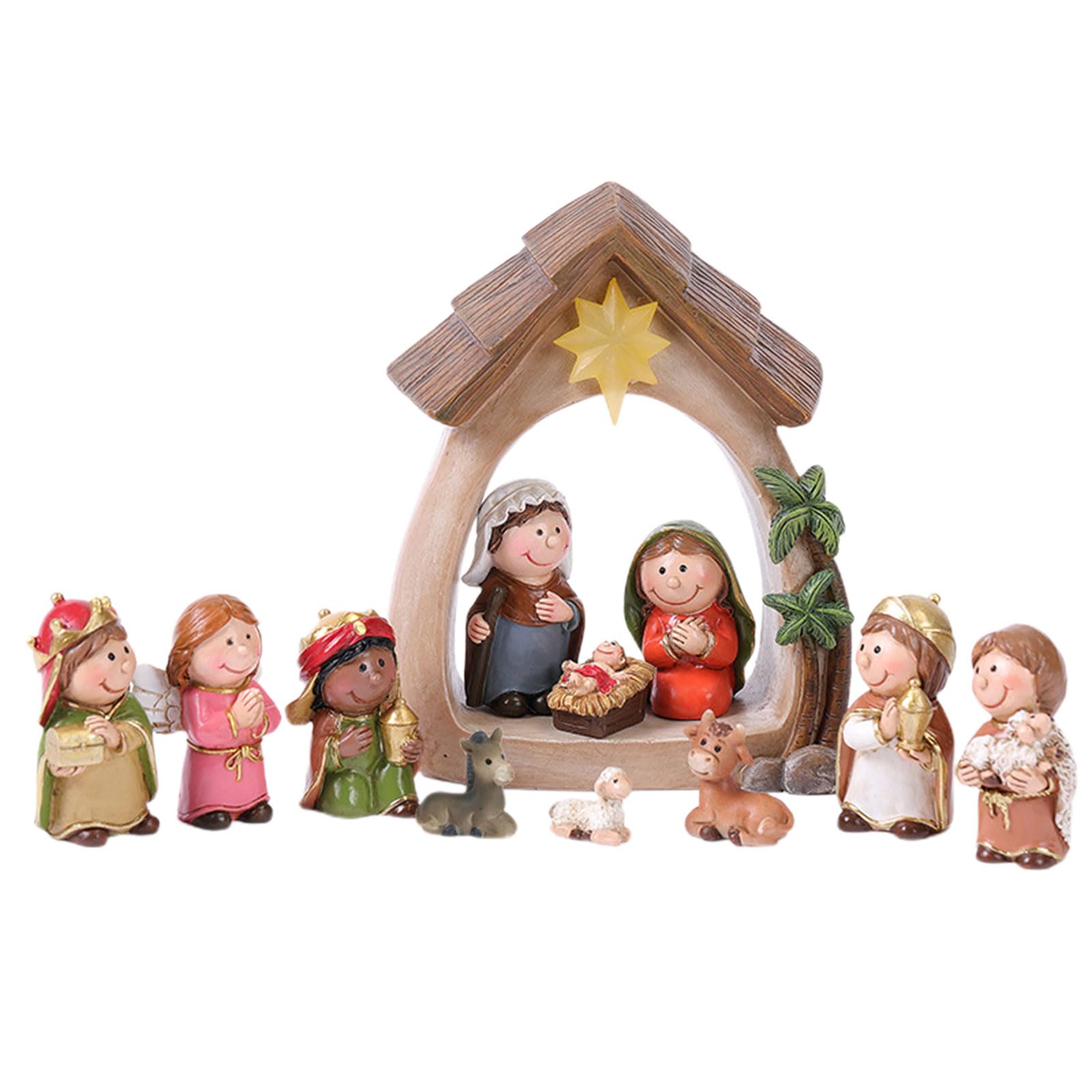 Kalttoy 1set Birth of Holy Statue Ornament LED Light Nativity Scene Resin Christmas Manger Catholic Tabletop Figurine Christmas and Easter Decor
