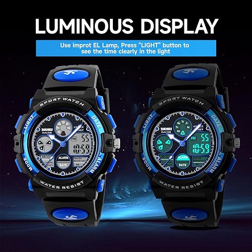 Miniatura 4 de Reloj de pulsera digital de cuarzo para niños, reloj electrónico de doble pantalla para niños y niñas, con reloj despertador, Azul, reloj de pulsera