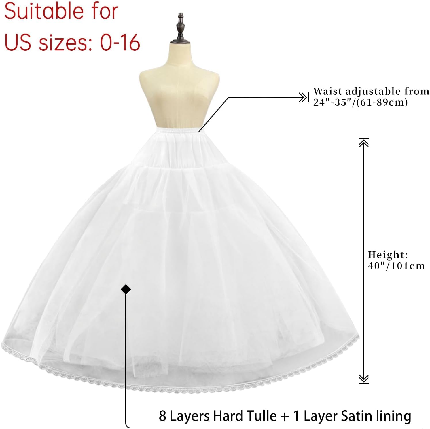 Women's 8 Layer Tulle Hoopless Petticoat Skirt with Lace Trim A-Line Long Crinoline Underskirt Slip for Bridal Ball Gown Wedding Dresses - Image 2